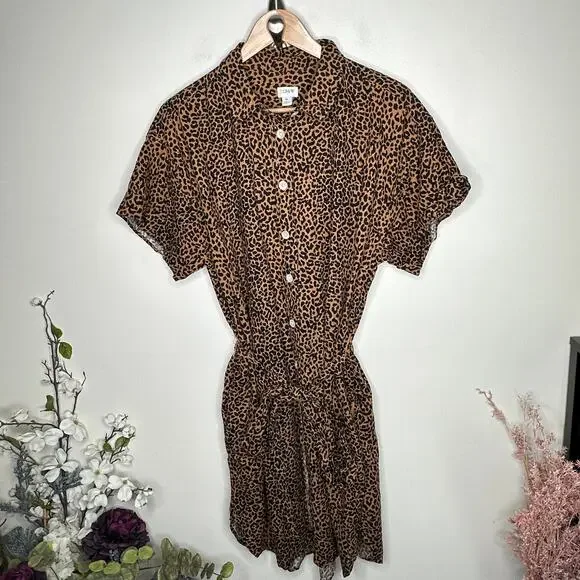 J. CREW 2025 Linen Belted Mini Shirt Dress Warm Brandy Animal Print Sz XL {3T15}